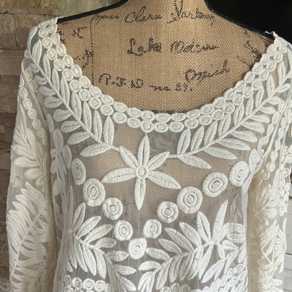 Anthro Meadow Rue cream Lace Grace long sleeve sheer shirt scoop neck scallops - Picture 3 of 16